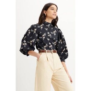 Levi's Posey Blouse Black Floral Puff-Sleeve Mock Neck Size XL Back Zipper NEW